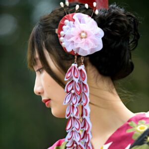 woman in kimono wearing cherry blossom dangle hair clip