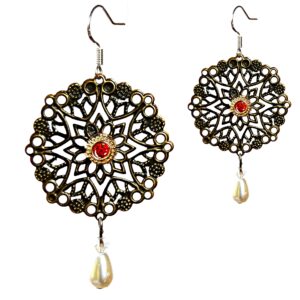 Chandelier metal earrings with pearl and Swarovski bead, Antique bronze Boho dangle earrings