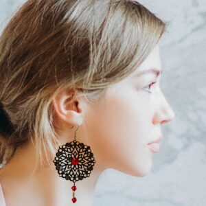 Dangle filigree earrings with red Swarovski beads, Antique Bronze Earrings on 925 Sterling silver plated hooks