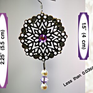 Dangle earrings with purple Swarovski beads, Filigree antique bronze earrings, Lightweight chandelier metal earrings