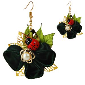 Clover and ladybug earrings, Shamrock fabric statement earrings,  Green theme jewelry, Green flower long dangle earrings