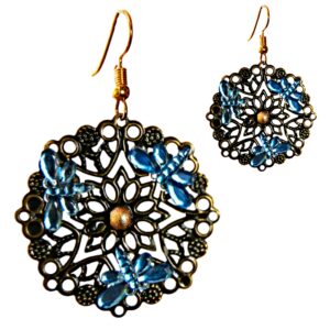 Dragonfly filigree earrings, Blue dragonfly lightweight chandelier metal earrings
