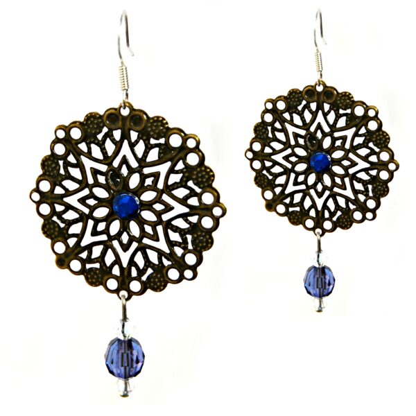 Filigree metal earrings with blue beads