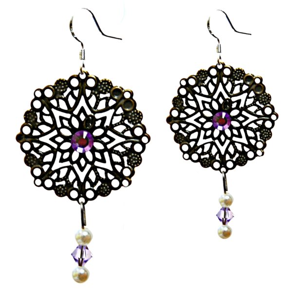 Filigree metal earrings with pearl and purple beads