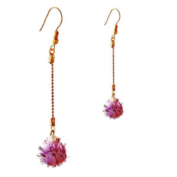 violet long chain pom pom earrings
