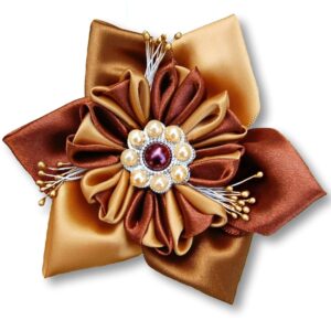 Large brown flower brooch, Statement fabric brooch, Groom’s brooch