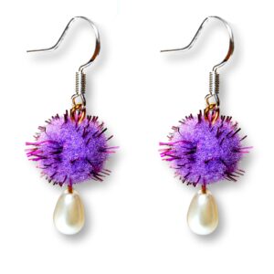 Purple Mini Pompom Earrings, Handmade Fun Drop Pearl Earrings