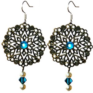 Dangle filigree earrings with blue Swarovski beads, Lightweight chandelier metal earrings