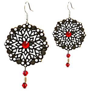 Dangle filigree earrings with red Swarovski beads, Antique Bronze Earrings on 925 Sterling silver plated hooks