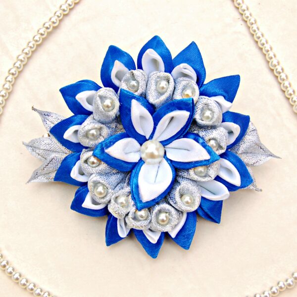 Kanzashi blue silver hair clip