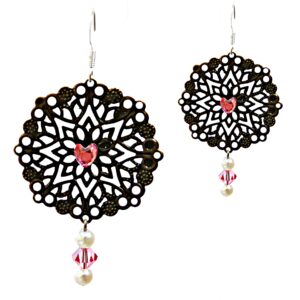Dangle chandelier earrings with the heart shaped center, Antique bronze filigree earrings on 925 Sterling silver plated hooks