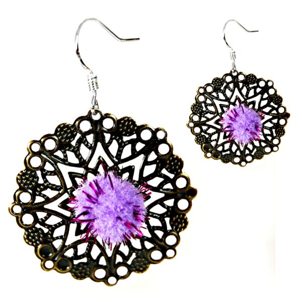 Filigree earrings with purple pompom