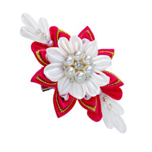 Wedding red white flower hair clip –  Kanzashi flower wedding hairpiece, Bridal floral hair piece