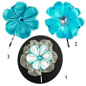 Flower bobby pins, Hair pins set of 3,  Turquoise floral hairpins for girls, Ribbon flower pin