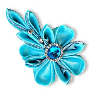 Turquoise handmade brooch, Blue brooch for dress, Kanzashi fabric flower brooch