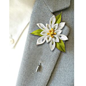 Edelweiss Wedding Boutonniere – Custom Lapel Pin, Men’s Flower Lapel Pin, Kanzashi Flower Lapel Pin