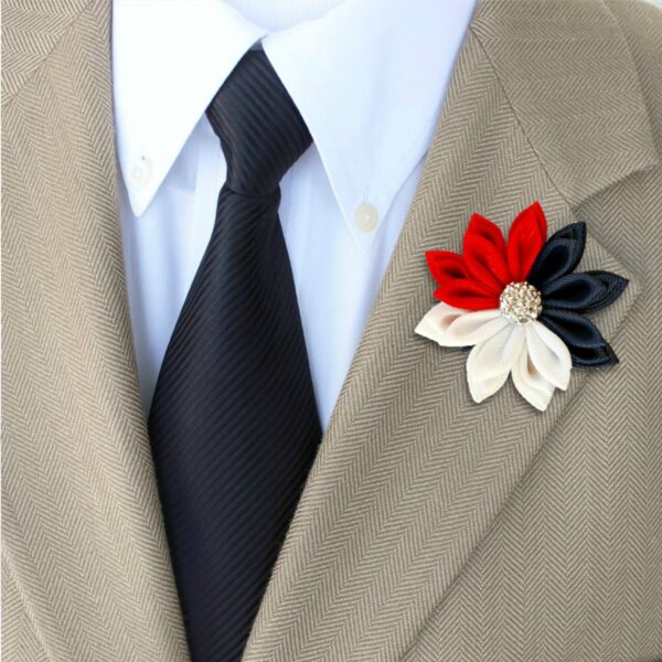 a man wearing flower lapel pin