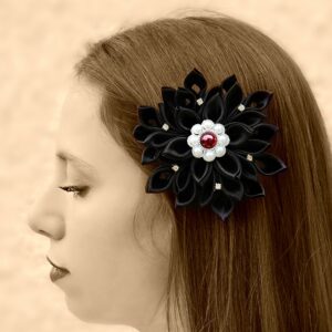 Halloween hair clip, Black flower Gothic hair bow, Kanzashi flower black headpiece