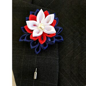 Men’s Flower Lapel Pin, Kanzashi Fabric Flower Brooch, Boutonniere Lapel Pin, Handmade Wedding Boutonniere, Independence Day Suit Pin