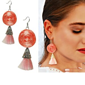 Pink tassel earrings, Delicate silk coiled earrings – coral wedding earrings,
