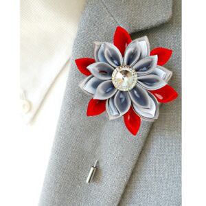 Men’s Lapel Pin Flower, Red Gray Flower Lapel Pin,  Men’s Wedding Boutonnieres