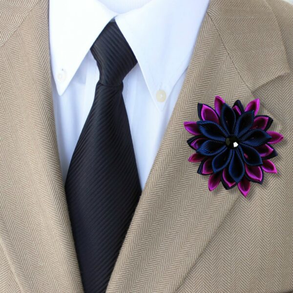 a man wearing the purple lapel pin