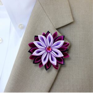 Purple lapel pin, Kanzashi flower lapel brooch, Grooms boutonniere lapel pin, Handmade Wedding Boutonniere