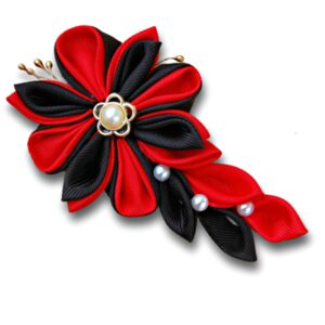 Red Black Woman’s Brooch, Elegant Kanzashi Flower Brooch, Birthday Gift for Her Idea, Christmas Gift for Mom
