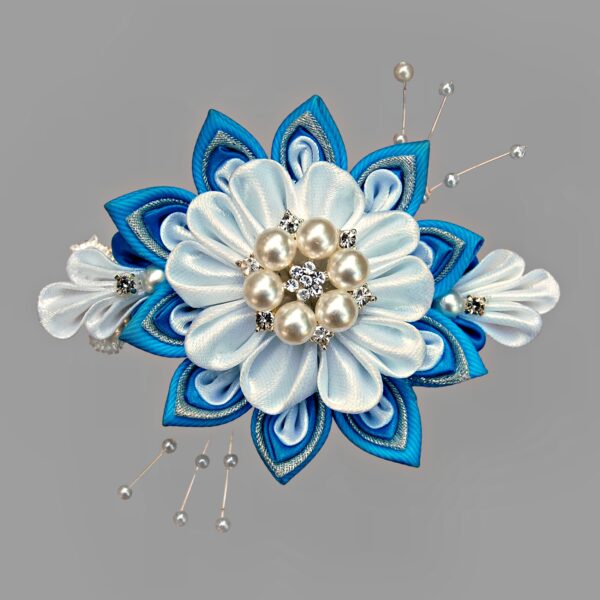 blue white Kanzashi flower hair clip