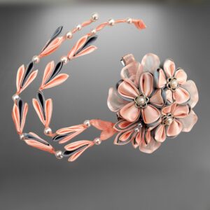 Peach flower hair clip with falls, Handmade Japanese  Kanzashi wedding hairpiece, Dancers hair accessory