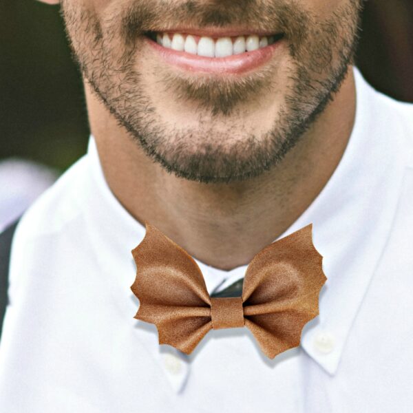 a man wearing brown bat bowtie