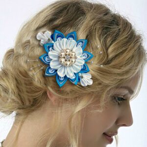 Wedding flower hair clip with pearls – Blue white floral bridal hairpiece, Kanzashi flower gift for mom, sister, friend