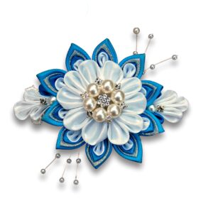 Wedding flower hair clip with pearls – Blue white floral bridal hairpiece, Kanzashi flower gift for mom, sister, friend