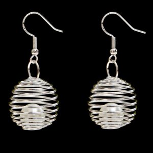 Silver spiral earrings, Caged pearl earrings, Gift for her idea
