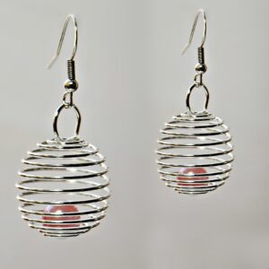 Spiral cage silver earrings, Pink pearl bead earrings, Wedding earrings