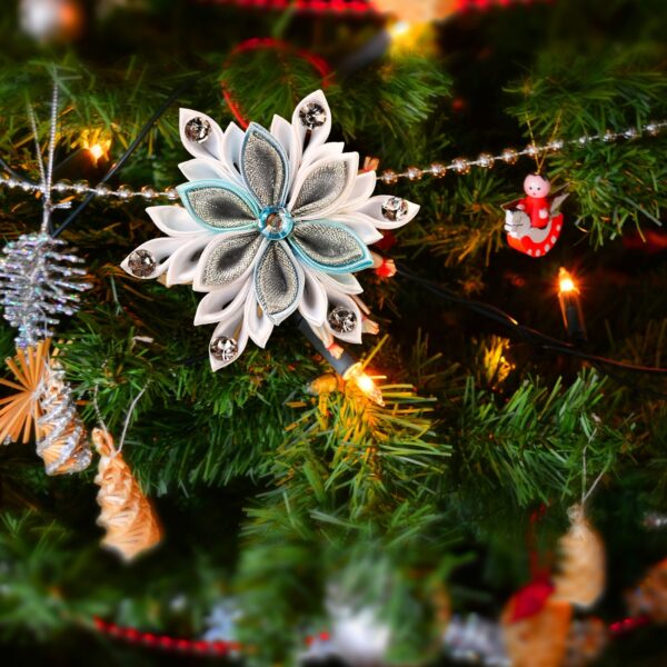 snowflake ornament on a tree