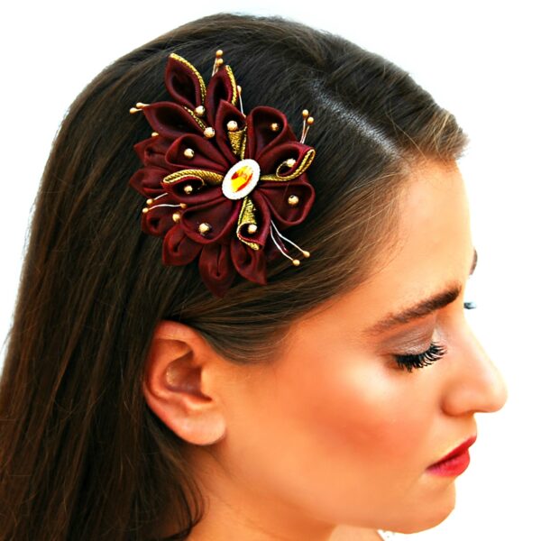 a woman wearing dark red Kanzashi hair clip