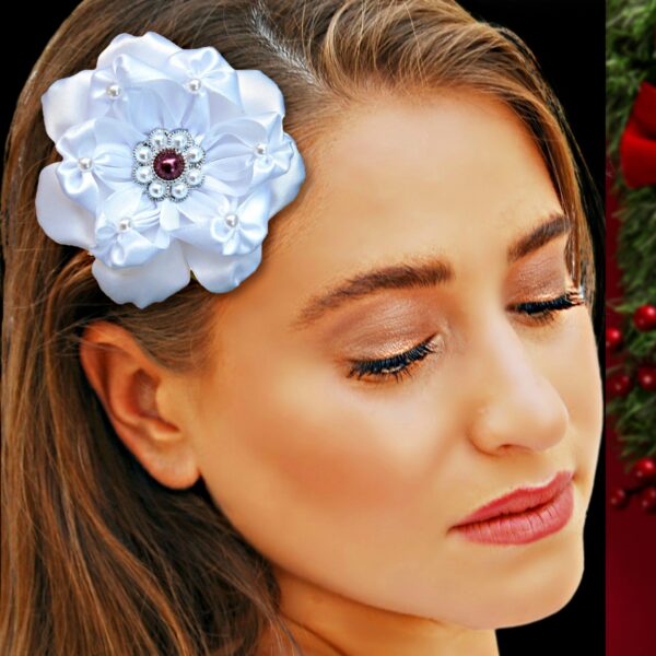 woman wearing a white flower hair clip