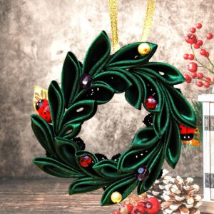 Personalized Mini Christmas Wreath, Name Place Card, Holiday Wreath, Christmas Tree Decoration, Christmas Stockings Stuffer Idea, Kanzashi