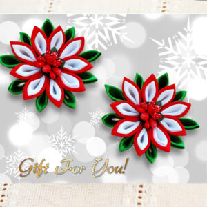 Kanzashi Fabric Flowers, Set of 2 Ponytails, Red, White and Green Winter Hair Bows – Birthday Gift for Girl Kanzashi Hair Scrunchies