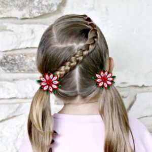 Kanzashi Fabric Flowers, Set of 2 Ponytails, Red, White and Green Winter Hair Bows – Birthday Gift for Girl Kanzashi Hair Scrunchies