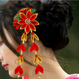 Fan Shaped Hair Clip With Falls Japanese Hair Piece, Red And Gold Flower Hair Clip Geisha Headpiece, Japanese Kimono Yukata Flower Head wear