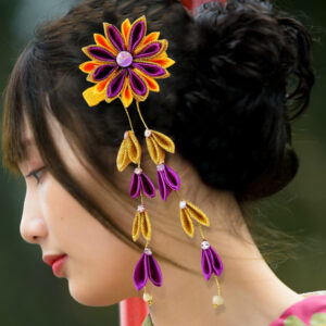 Flower Hair Clip With Falls Japanese Hair Piece Birthday Gift For Her, Purple Gold Geisha Headpiece, Japanese Kimono Yukata Flower Headwear
