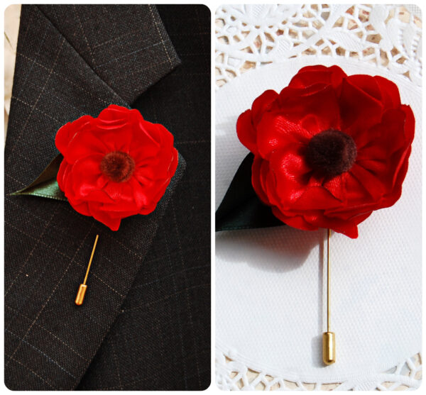 red flower lapel pin