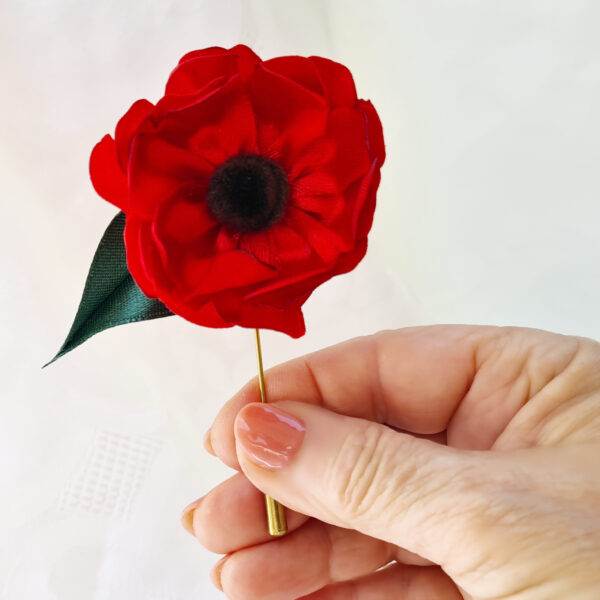 a hand holding poppy lapel pin