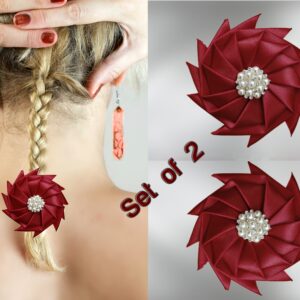 Maroon Flower Ponytail Holders, Set of 2, Kanzashi Flower Hair Bows for Girls, Birthday Gift for Daughter, Niece, Windmill -Shaped Elastics