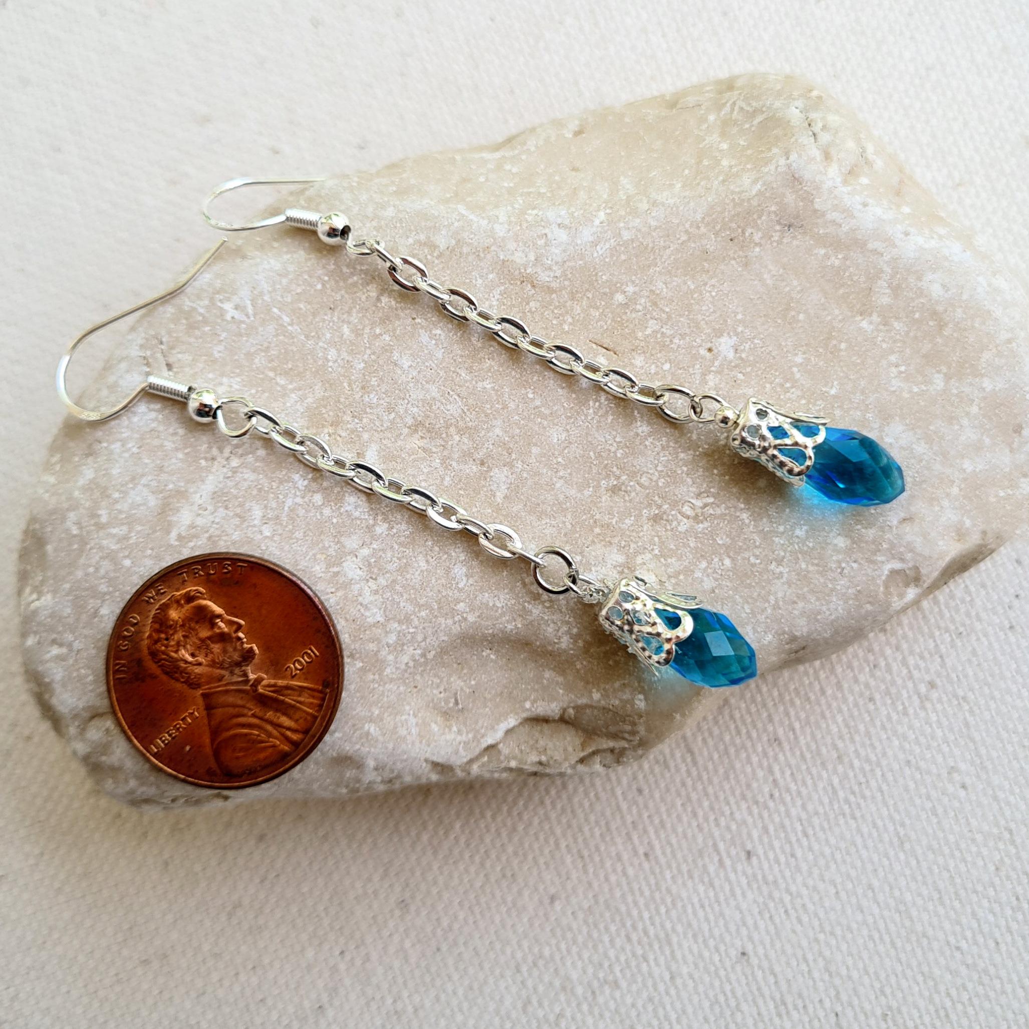 Aqua blue crystal earrings, Long dangle drop earrings, Long chandelier earrings, Teardrop earrings, Blue and silver earrings