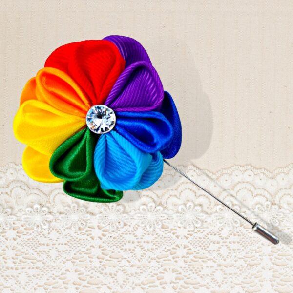 Rainbow flower lapel pin, Buttonhole flower brooch