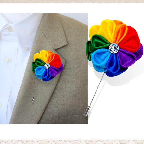 Rainbow flower lapel pin, Buttonhole flower brooch